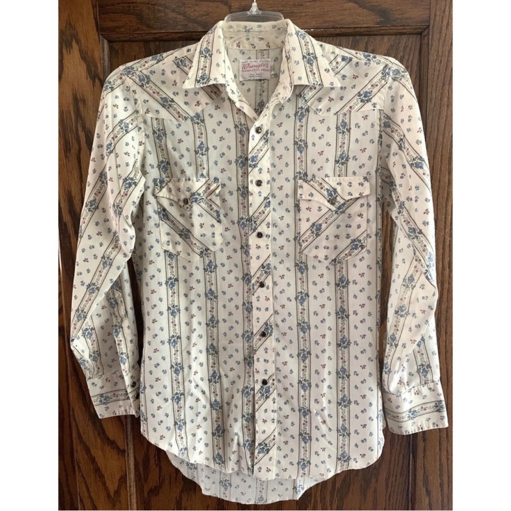 Vintage 70’s Wrangler Long Tail Pearl Snap Shirt Cream Floral Stripe Sz 15.5/33